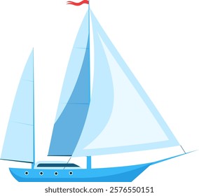 Illustration of a sleek blue sailboat with large billowing sails and a red flag. The minimalist design highlights the nautical theme, ideal for marine related projects and designs