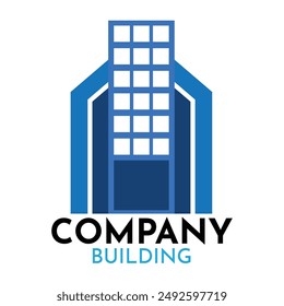 Un logotipo elegante y moderno de la ilustración que representa un edificio de la empresa. El diseño presenta un edificio estilizado en tonos azules, que simboliza la arquitectura corporativa y las estructuras profesionales.