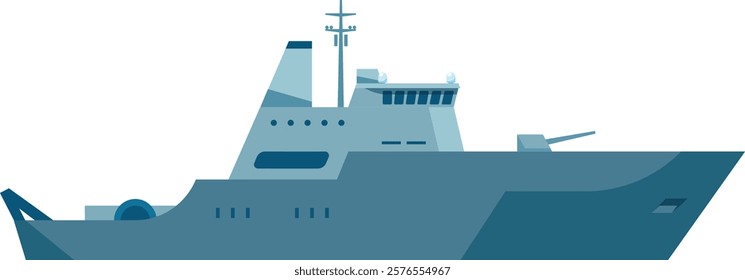 Illustration of a sleek, modern naval warship showcasing advanced design and technology. The ship features a streamlined structure with radar and weaponry, highlighting maritime military innovation