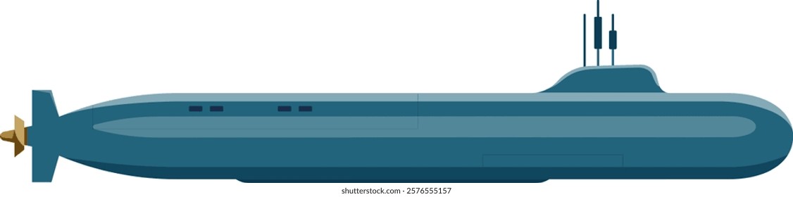 Illustration of a sleek, modern submarine showcasing advanced design. The vessel features a streamlined shape, multiple antennas, and a propeller, ideal for underwater exploration and military use