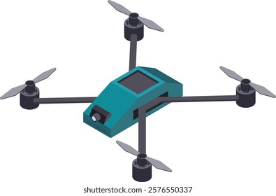 Illustration of a sleek quadcopter drone equipped with four propellers and a camera, showcasing advanced technology for aerial photography and videography in a modern design