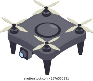 Illustration of a sleek quadcopter drone featuring four propellers and an integrated camera. The design highlights advanced technology and innovation in aerial photography and surveillance