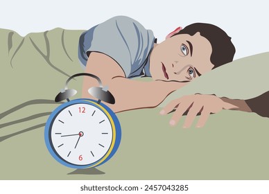 Illustration of sleep disorders and insomnia. A man sleeps on a blanket with a clock in the foreground