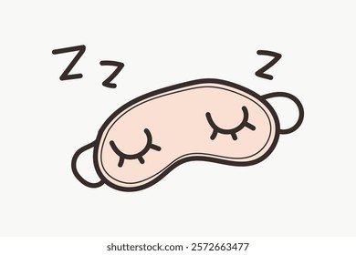 Illustration of a sleep mask with closed eyes and 'Zzz' symbols, representing sleep and relaxation. Sleep mask and 'Zzz' convey a peaceful rest theme. Doodle vector illustration isolated on white.