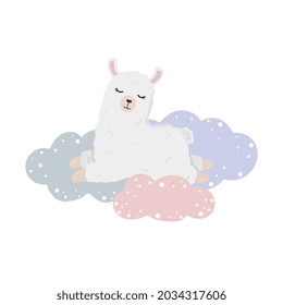Illustration with sleeping alpaca (llama) on clouds in the sky. Illustration for posters, greeting cards, nursery decoration and baby t-shirts.