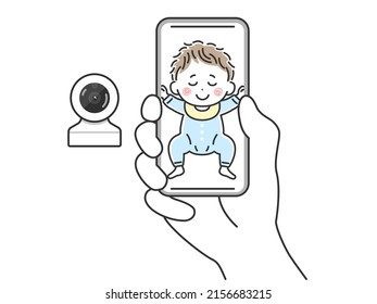 Illustration Of A Sleeping Baby Monitored By A Baby Monitor.