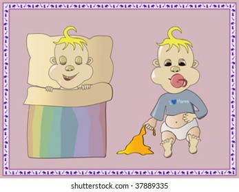 Illustration of a sleeping baby and one baby awake ,nice colors, easy to edit