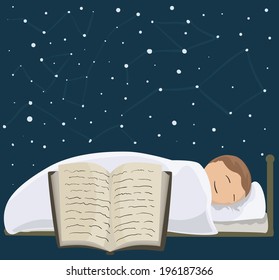 Illustration of a sleeping baby under the stars. Fall asleep to the book with the tale.
