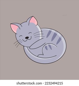 ilustración de gato dormido con cara sonriente, gato lindo de color gris