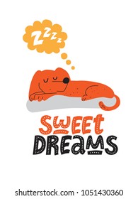 Illustration of a Sleeping dog in cartoon style. Lettering hand drawn Sweet dreams in cartoon style. For children's room decor prints for baby textile design. Vector illustration