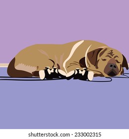 An illustration of a sleeping english mastiff with two controllers in front of the dog.