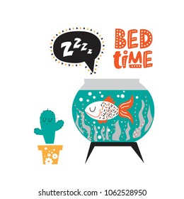 Illustration of a Sleeping fish in the aquarium with a text Bed time and a sound Z-Z-z in cartoon style. For children's room decor, prints for baby clothes patterns. 