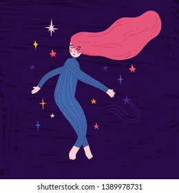 Illustration sleeping girl fly in space.  Children's Print in doodle style with star and cute character astronauts woman in pajamas. Hand drawn  design for t-shirt and cards. Vector.