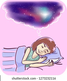 Illustration of a Sleeping Girl Having a Vivid Dream Shown Inside a Thinking Cloud