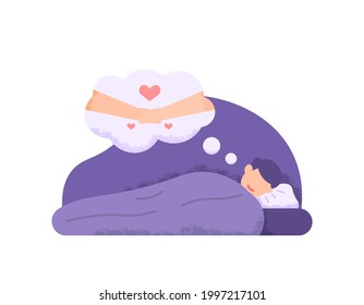 illustration of a sleeping man who dreams of holding hands with his partner or girlfriend. singles dream. sweet dream. holding each other's hands. flat cartoon style. vector design