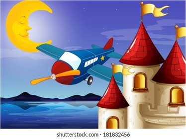 Illustration of a sleeping moon, an airplane and a castle