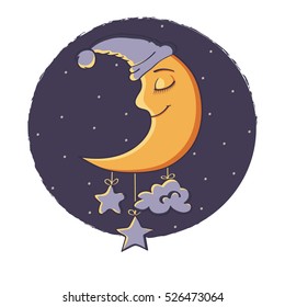 Ilustración de una luna durmiente. Hermosa luna de caricatura.
Feliz Caricatura De La Luna En El Cielo. Noche, estrellas, nube. Luna de dibujos animados.