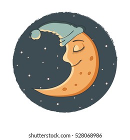 Illustration a Sleeping Moon.
Happy Moon Cartoon Character In The Sky. Night, stars. Cute cartoon moon. Smiling moon. 