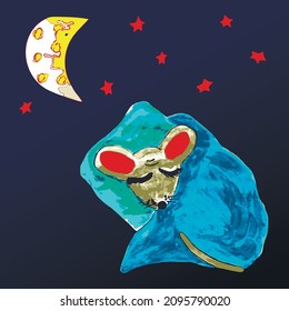 An illustration of sleeping mouse dreaming of cheese on the dark blue sky bckground with small stars.