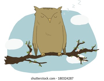 Illustration of a sleeping owl that sits on a branch. Children's illustration