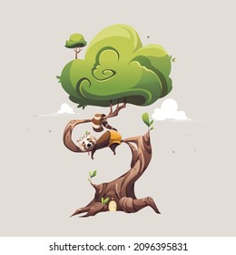 Illustration of a sleeping panda on a large tree with a green crown.
