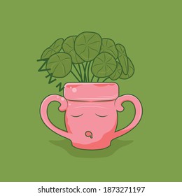 Illustration of a sleeping potted character in pink with a Pilea plant on it