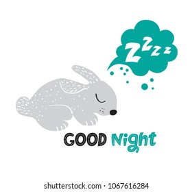 Illustration of sleeping rabbit with a speech bubble Z-Z-z and hand drawn text Good night. For children's room decor prints, for baby clothes patterns, post card, invitation