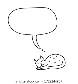 Illustration of sleeping smiling cat and bubble behind her head in doodle style