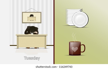 Illustration sleeping at the table of the person and an icon of a mug and plates
