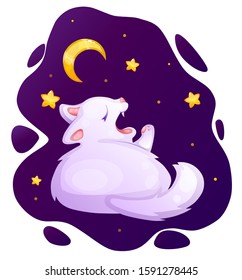 
Illustration of a sleeping white cat. Around the night sky and stars.