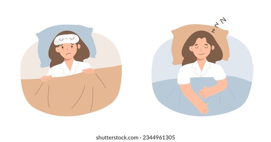 Illustration of sleepless and well sleeping. Concept of bedtime, healthy sleeping, lifestyle, mental health, relaxation, insomnia. Young woman lying on the bed. Flat vector illustration character.