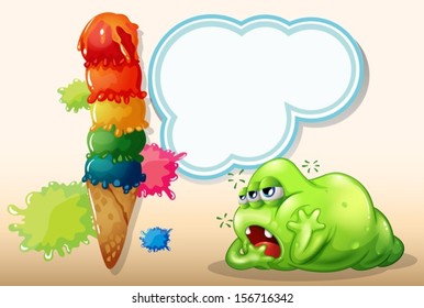 Illustration of a sleepy green fat monster near the giant icecream