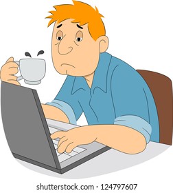 Illustration of a sleepy guy writer with a cup of coffee in his hand