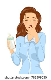 Illustration of a Sleepy Mom Wearing Pajamas Holding a Bottle of Milk for Her Baby