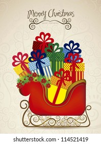 illustration of  sleigh full of gifts, on arabesque background, illustration Vector