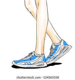 Illustration with slender woman legs in running shoes. Jogging shoes drawing in comics style. Vector color type image with contour black line