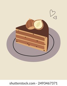 Illustration with Slice of Cake atHazelnut and Chocolate Taste