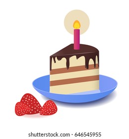 Illustration with slice of cake in dish and strawberry
