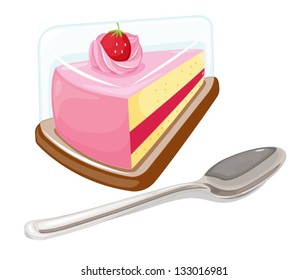 Illustration of a slice of cake and a tablespoon on a white background