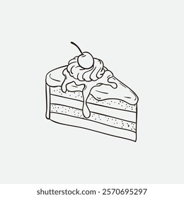 Illustration of a slice of cake topped with a cherry and cream. Drawn in a simple black and white sketch style, this design is perfect for culinary, desserts, or minimalist-themed projects.