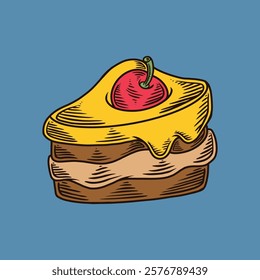 Illustration of a slice of cherry sandwich cake with delicious cream, pastel colors
