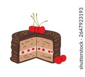 Illustration of a slice of chocolate cake with cherry toppings ready to be served Perfect for menu designs or sweet treat concepts.
