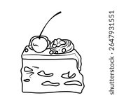 Illustration of a slice of chocolate cake with cherry toppings ready to be served Perfect for menu designs or sweet treat concepts.