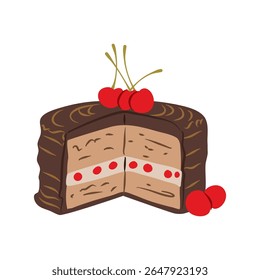 Illustration of a slice of chocolate cake with cherry toppings ready to be served Perfect for menu designs or sweet treat concepts.