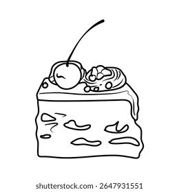 Illustration of a slice of chocolate cake with cherry toppings ready to be served Perfect for menu designs or sweet treat concepts.
