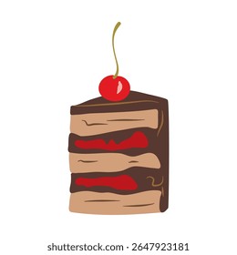 Illustration of a slice of layered cake topped with a cherry, set against a dark backdrop, perfect for dessert related designs or presentations.