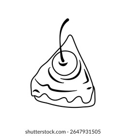 Ilustração de uma fatia de bolo em camadas coberto com uma cereja, situado contra um fundo escuro, perfeito para desenhos ou apresentações relacionadas à sobremesa.