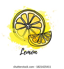 Illustration von Zitronenspänen. Vektorwasserfarbe, glänzender Hintergrund. Grafiken für Cocktails, frischer Saft. Natürliches ökologisches Zitrusfutteretikett