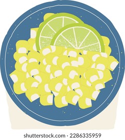 Illustration of a slice of lemon on a plate. Vector illustration