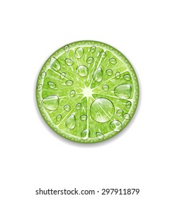 Illustration Slice of Lime with Transparent Droplets, Isolated on White Background - Vector